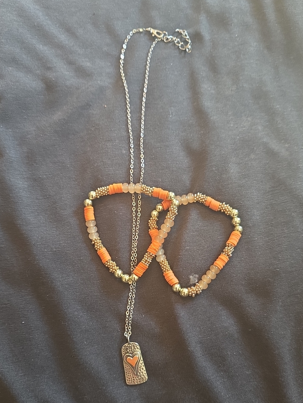 Handmade Orange Beaded Bracelet Set with Silver Heart Pendant Necklace